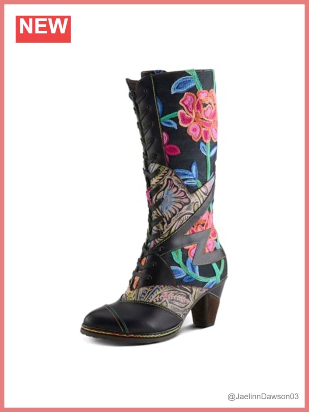 Leather Mid Calf Boot Lace Up Stacked Heel Almond Toe Calf High
